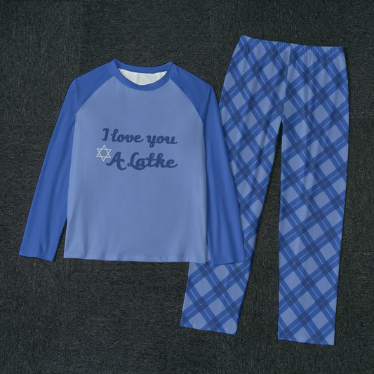 Men's Comfy Style Blue Plaid HANUKKAH - I love you a latke Family-Matching PJs