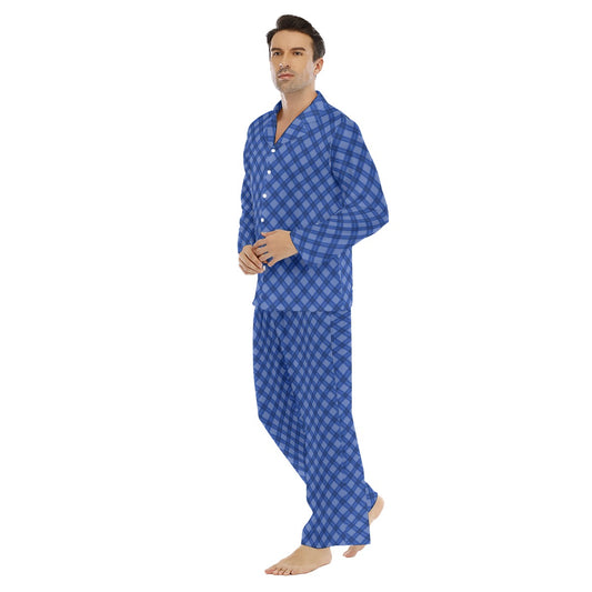 Men's Lapel Style Blue Plaid Family-Matching PJs