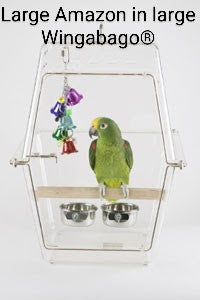 The lightweight, transparent Wingabago® carrier for birds and exotic pets gives your pet a clear view of their surroundings and allows you to monitor their safety quickly. Birds do not feel trapped or claustrophobic in the Wingabago®. They can see out and you can see in. Veterinarians consulted indicated bird experience less stress during travel if they can see their owners. This is the best bird carrier for parrots. The LARGE is a good choice for African Grays, Cockatoos, Mini Macaws, and Eclectus.